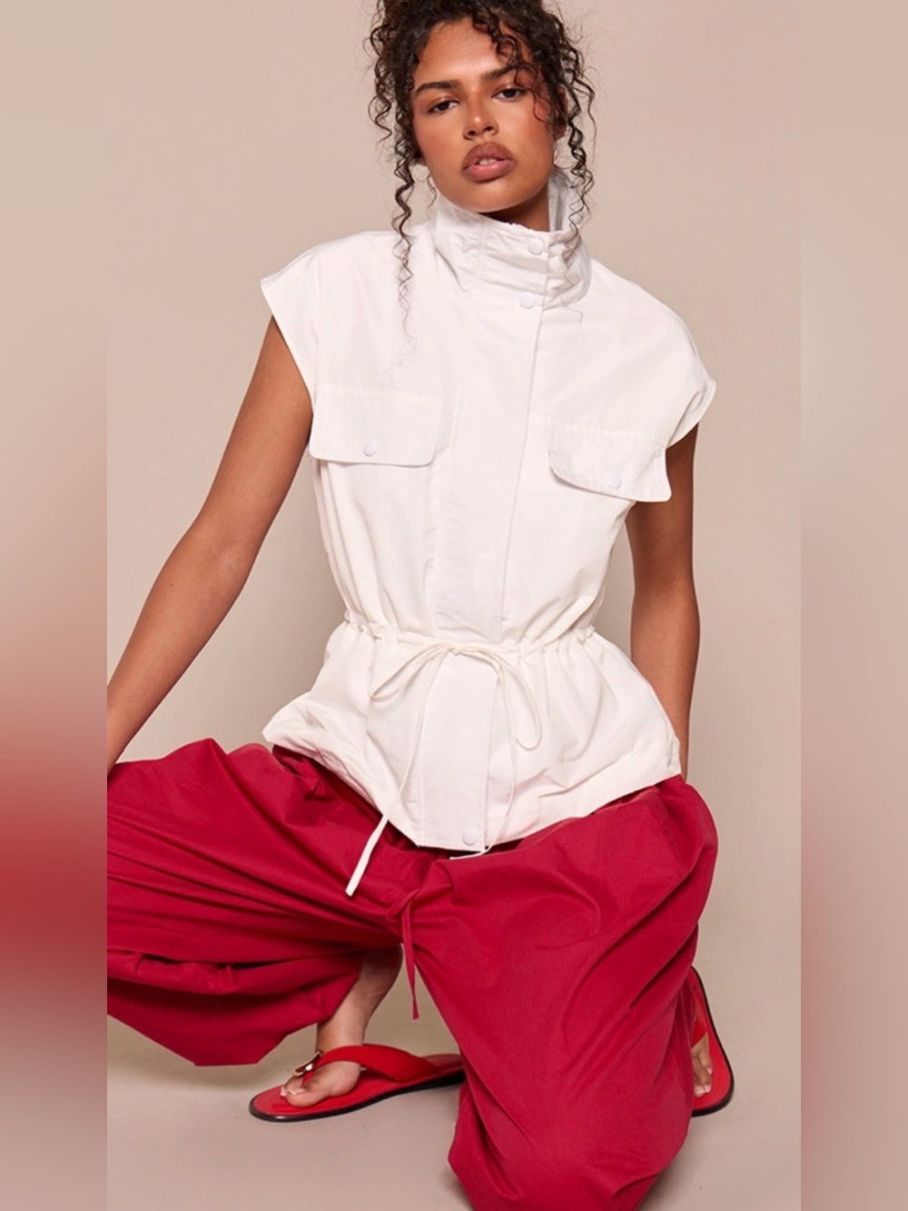 White Sleeveless Drawstring Utility Top - Women